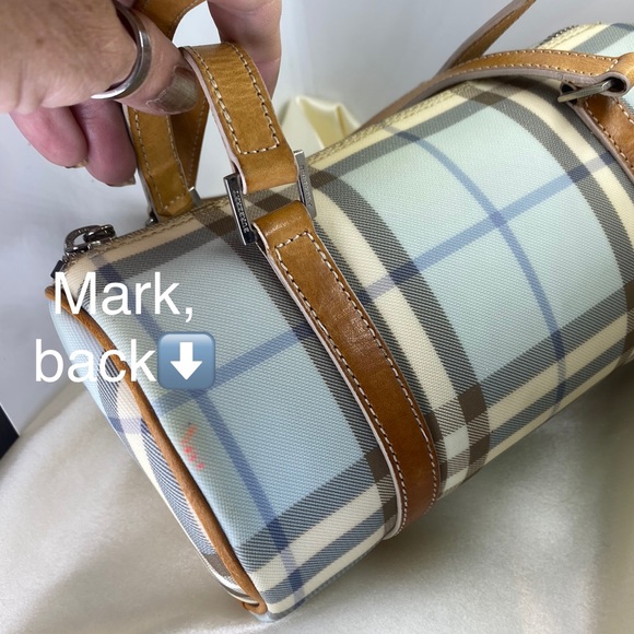 BURBERRY Vintage 💙Nova Check MINI Barrel (Cylinder) Bag🔥PVC/Leather-8”x5”🔥EUC - Picture 15 of 17